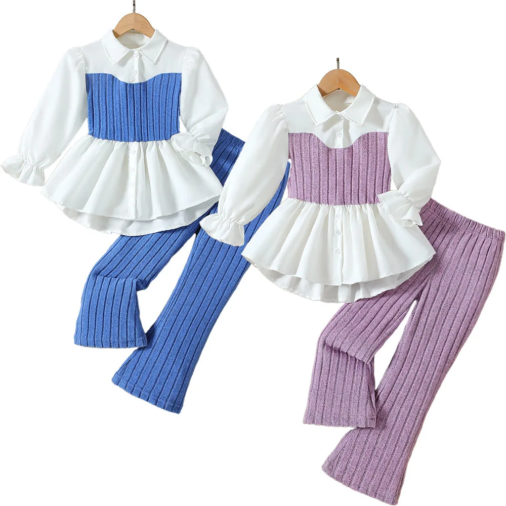 Spring Autumn Girl Suits Chiffon Blouse and Wide Leg Pants Flare Girls Clothes Set Elegant Fomal Kids Children Outfit Boutique