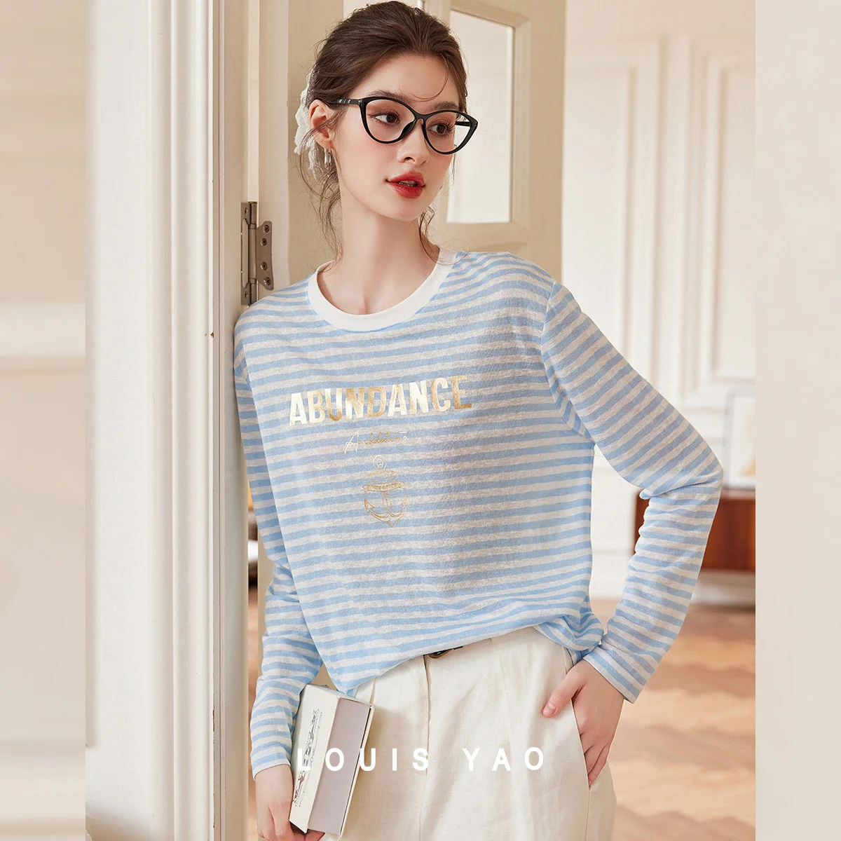 LOUIS YAO Striped Contrast Color Women's T-Shirt 2025 Autumn Round Neck Print Long-Sleeve Tees Casual Tops
