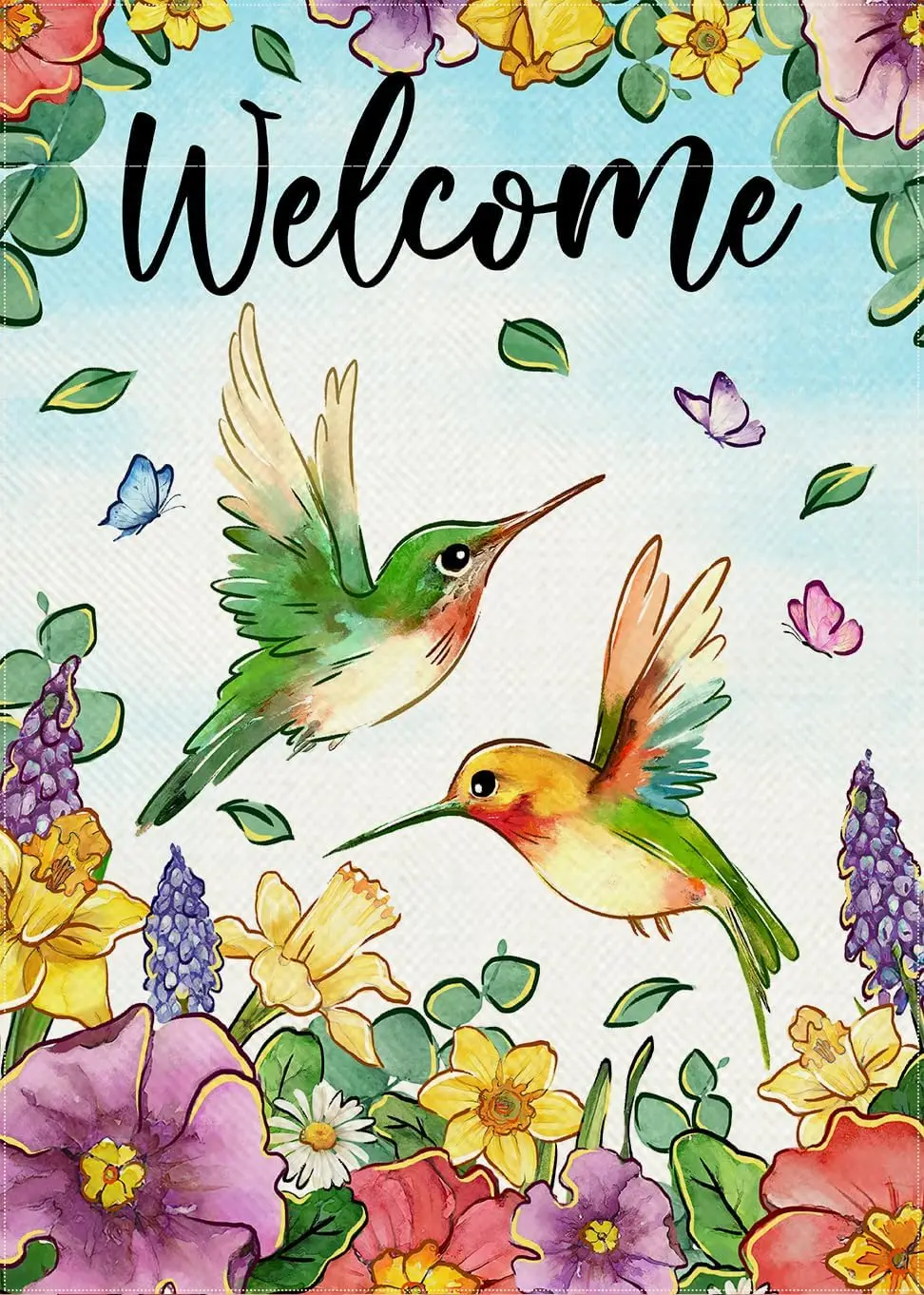 Welcome Spring Summer Hummingbird Decorative Garden Flag, Morning Glory Daffodil Hyacinth Flowers Yard Outside Decorations, Flor