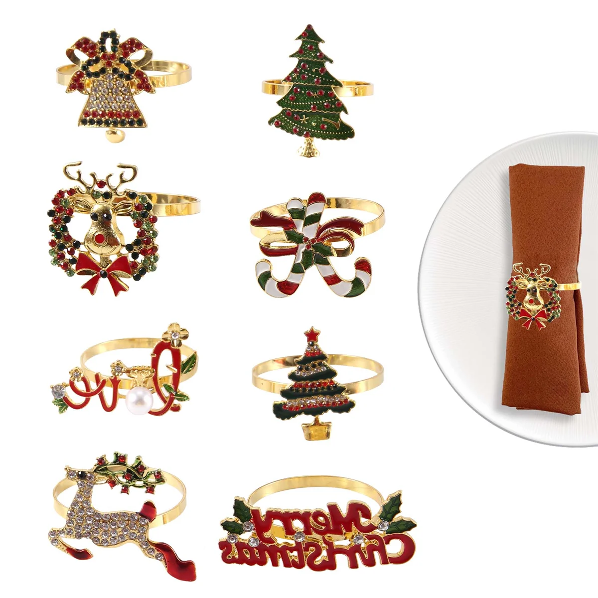 Christmas Napkin Rings - Set of 8 Napkin Holder Rings for Holiday Christmas Table Decoration Napkin Buckle