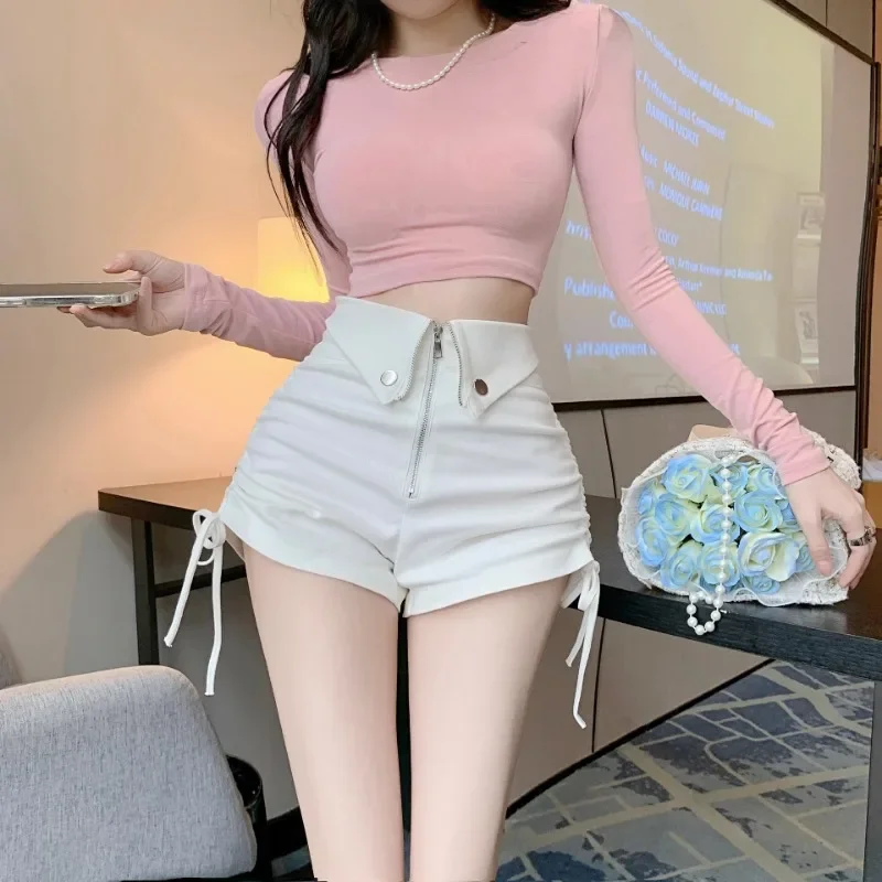 2023 Summer Korean Design Vintage White Shorts Hot High Waist Sexy Short Pants Woman Streetwear Casual Solid Baggy Shorts Chic