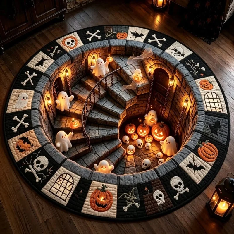 Halloween Dungeon 3D Optical Illusion Round Rug,Stone Stair Ghost Pumpkin Skull Bone Patchwork Print,Decor Area Carpet