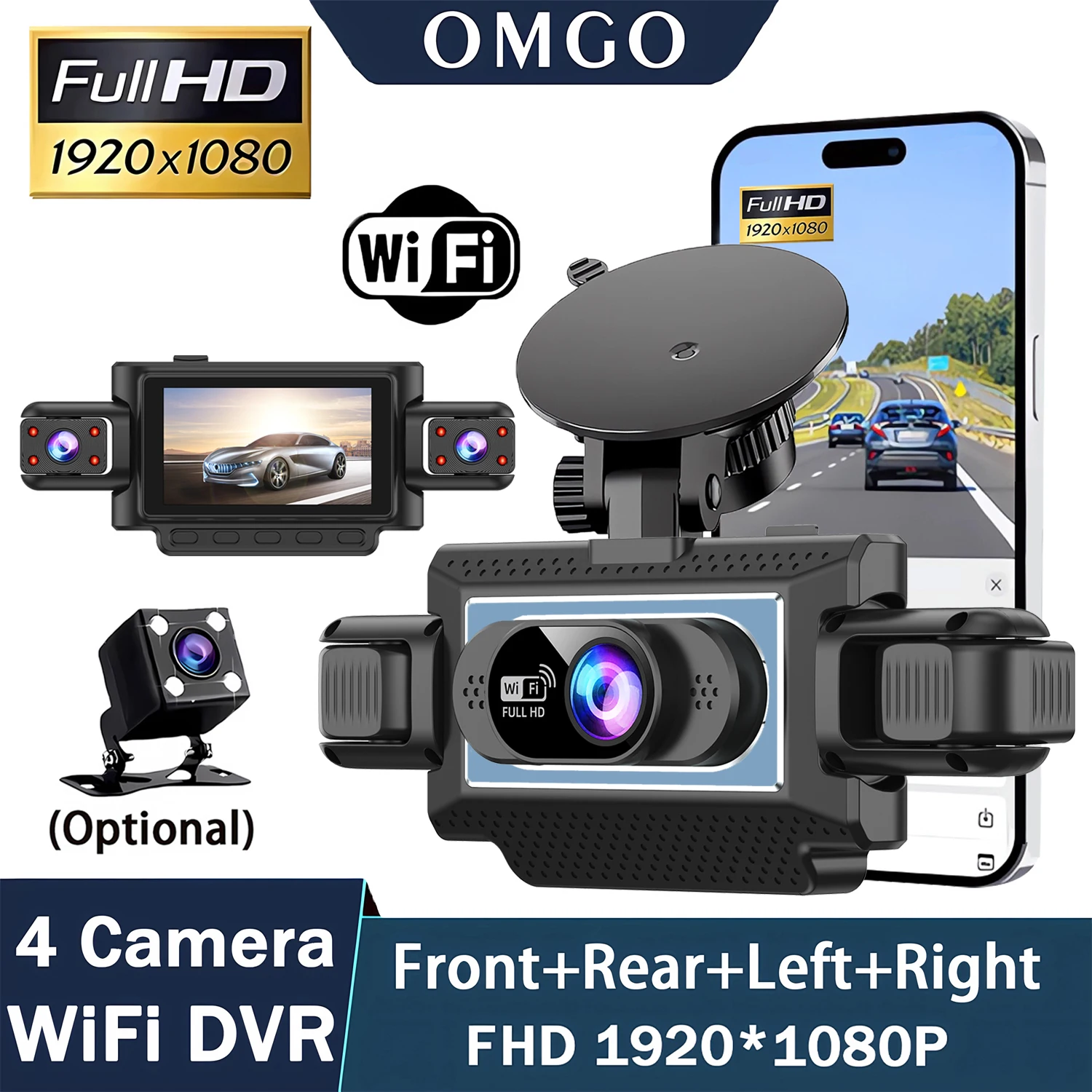 4-Kanal 360-Grad-Dashcam für Autos, WIFI-App, Auto-DVR, 1080P, 4 Kameralinsen, Videorekorder, Rückfahrkamera fürs Auto