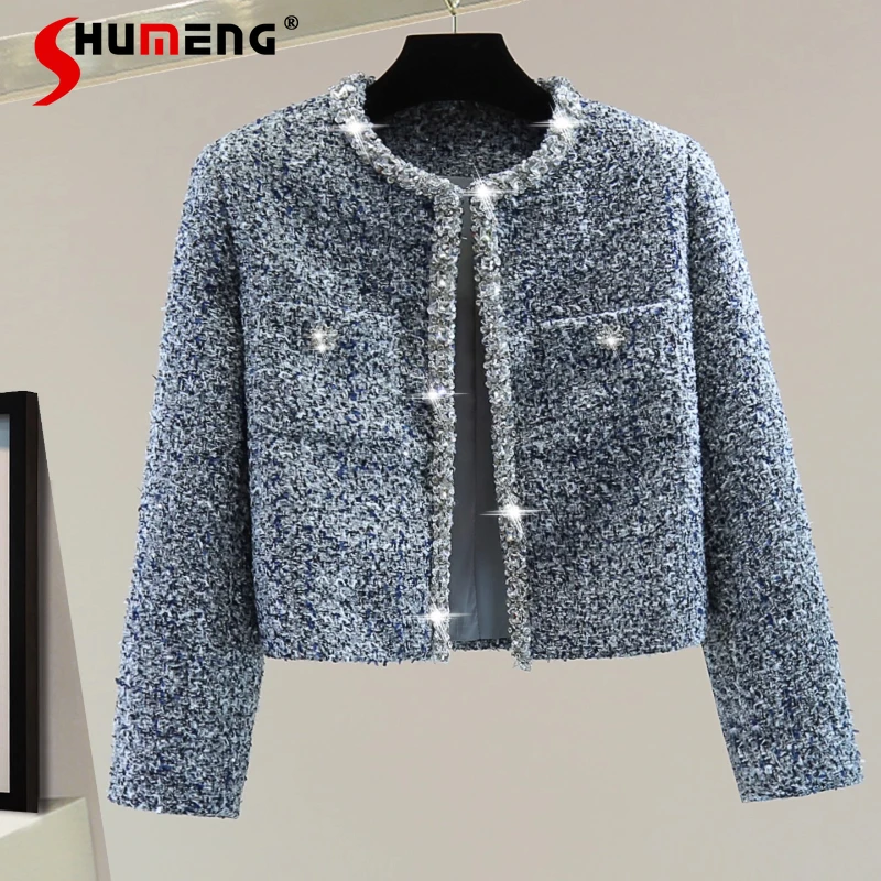 

Модные маленькие блейзеры со стразами и бисером и пайетками, женские осенне-зимние 2022, новые пальто с высокой талией на заказ, модные пальто с круглым вырезом