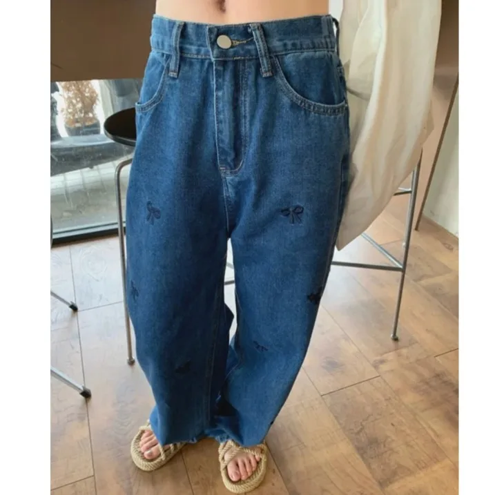 High Waist Elastic Wide Leg Denim Pants  Knot Embroidery Casual Style High Waist Cotton Material Four Seasons Wear