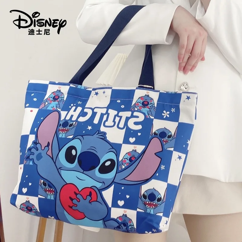 

Холщовая сумка на молнии Disney Lilo and Stitch, студенческая большая сумка с героями мультфильмов Kawaii, аксессуары с принтом аниме, повседневная модная сумка на плечо