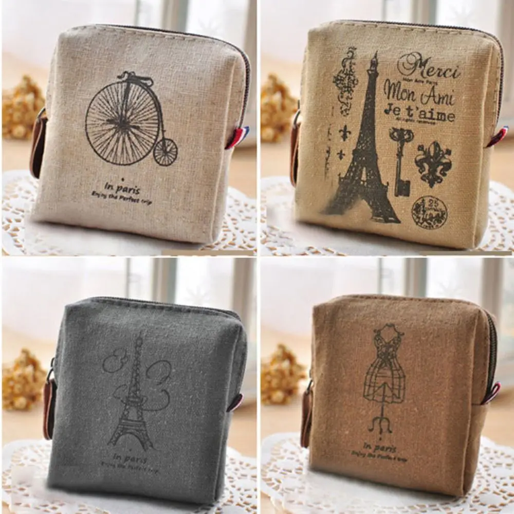 심플 천 소재 레트로 동전 지갑 빈티지 프린트 미니 화장품 가방 지퍼 카드 홀더 지갑 여성용