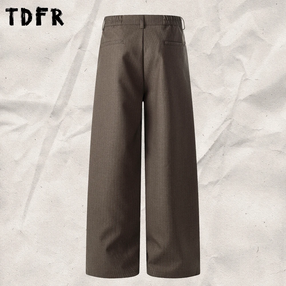 Double Breasted Pleated Trousers Mens Retro Vertical Stripes Casual Loose Straight-leg Elastic Waistband Pants Man