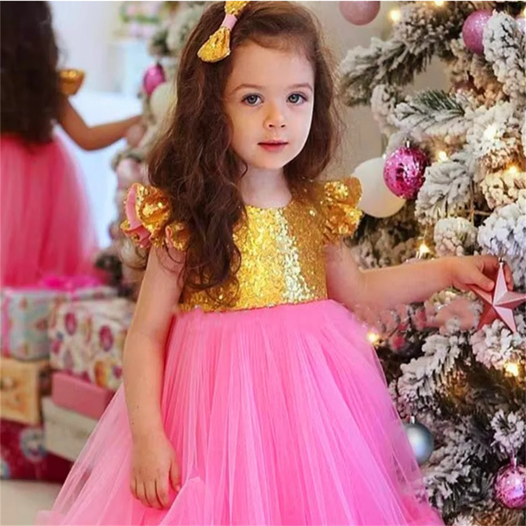 Tulle Sequins Flower Girl Dress Princess Ball Beauty Pageant First Communion Kids Surprise Birthday Present