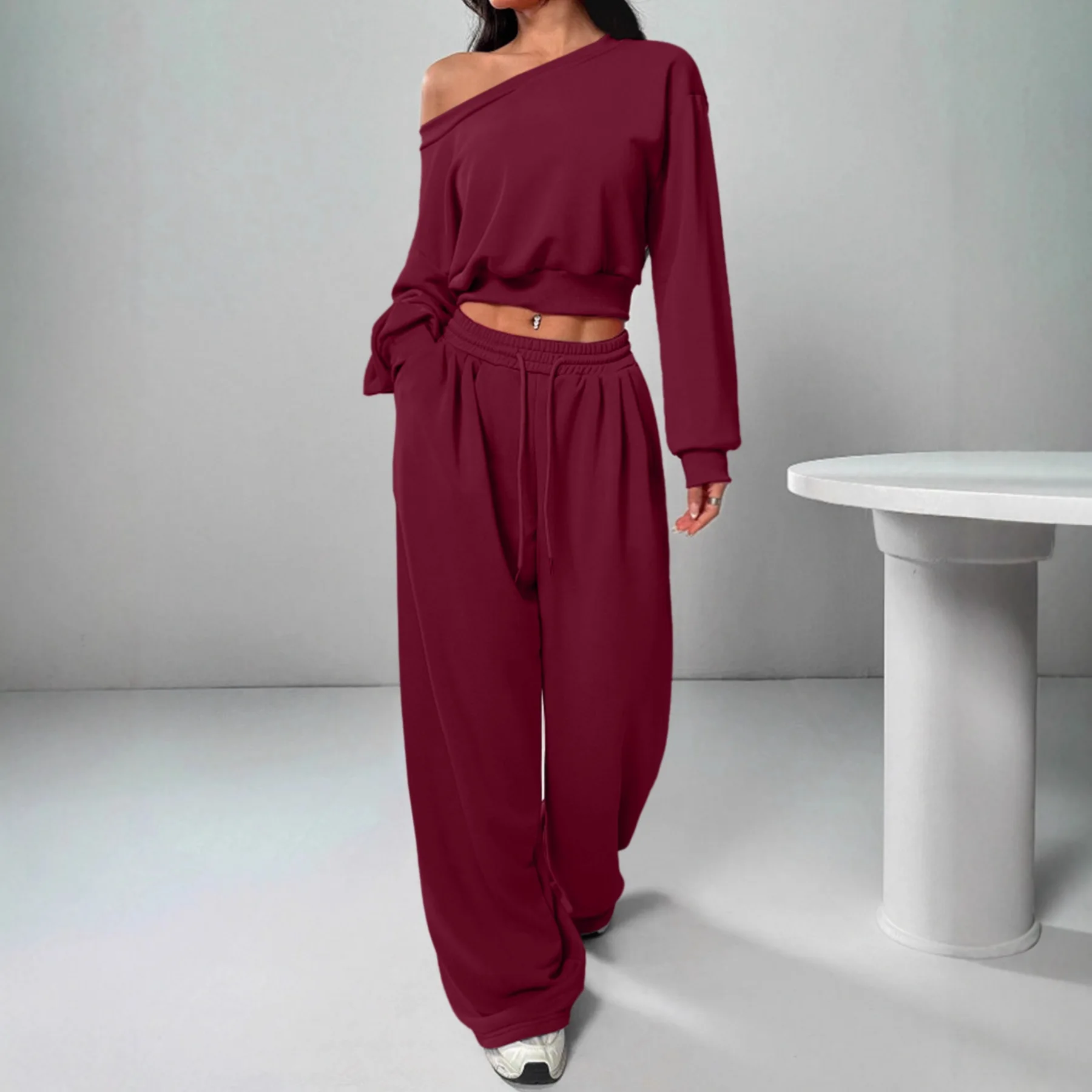 عادية الصلبة قبالة الكتف مجموعات للنساء موضة كم طويل قطري طوق القمم عالية الخصر بنطال ذو قصة أرجل واسعة 2 قطعة مجموعة سيدة