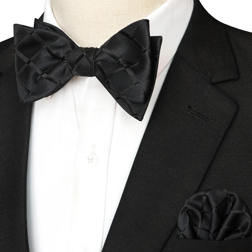 EASTEPIC Gestreifte Fliege für Herren, Einstecktuch-Set, kariertes Accessoire, Paisley-Krawatte, Blumenmuster, gepunktet, reines Schwarz, Abendparty – Detail 24