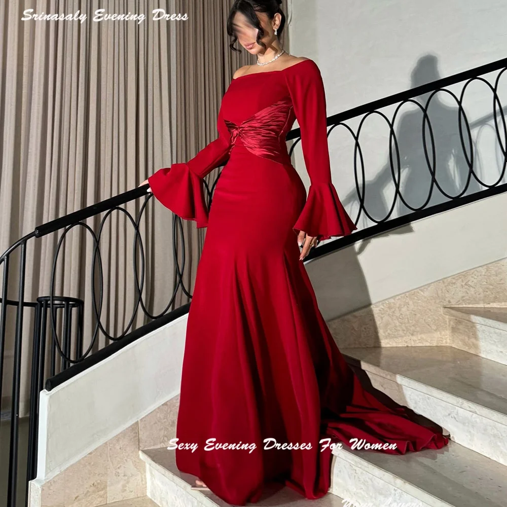 

Customized Crepe-Satin Evening Dresses Boat Neck 3/4 Sleeve فساتين سهرة Empire Waist Mermaid Vestidos De Fiesta Gowns