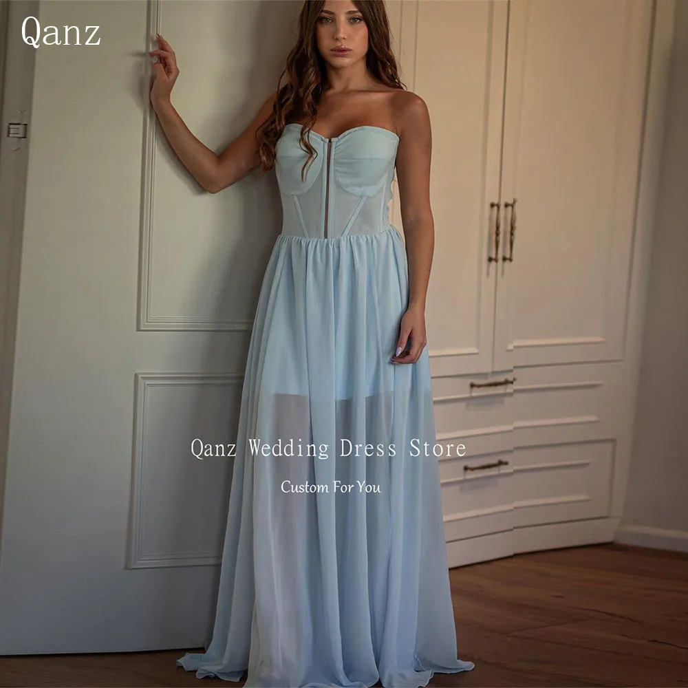 

Qanz Baby Blue Silk Chiffon Prom Dress Strapless See Through Lace Up Back Vestidos De Desta Long A Line Elegant Vestido De Gala