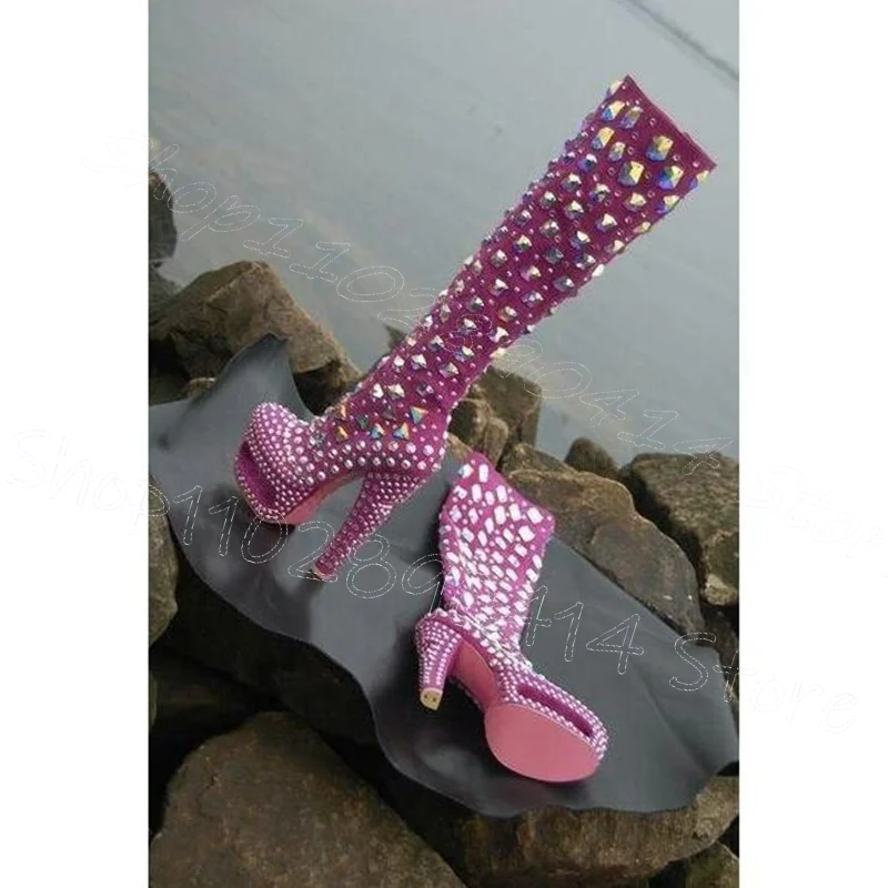 

Crystal Design Rose Red Suede Round Toe Boots Side Zipper Women Shoes Thin High Heels New Party Dating 2025 Zapatos Para Mujere