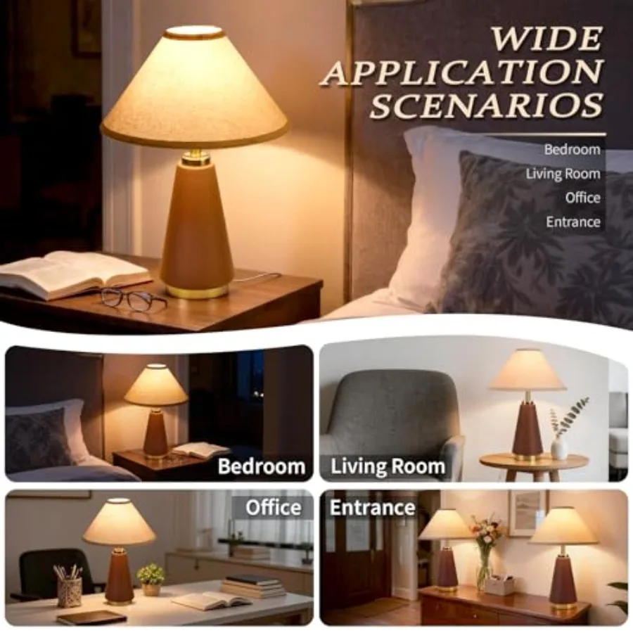 18.11 Inch Table Lamp, Farmhouse Table Lamps with Beige Fabric Shade, PU Leather for Kitchen Counter, Bedroom, Nightstand, Desk