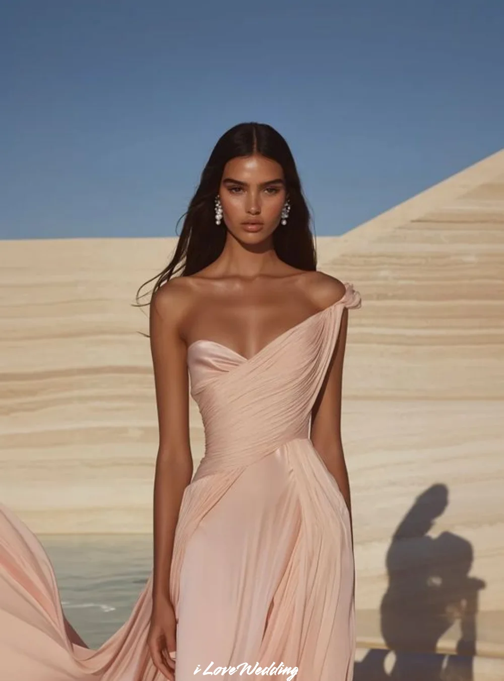 Pink V-Neck Prom Dresses One-Shoulder Sleeveless A-Line Backless Floor-Length Pleated Saudi Arabia Dubai Party Dress Customized