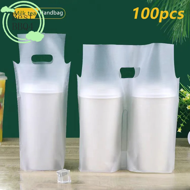 (BBQ4)100Pc Single/Double Coffee Milk Tea Packaging Bag Frosted Transparent Disposable Beverage Plastic Bag Takeout Tote Bag