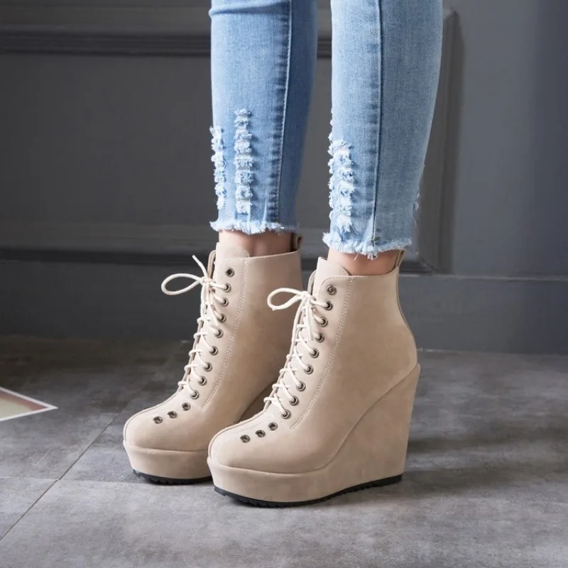 2026 Autumn/Winter Fashion New Short Boots Trendy Slope Heel Cross Lace Decoration Simple and Elegant High Heel Boots Size 34-43