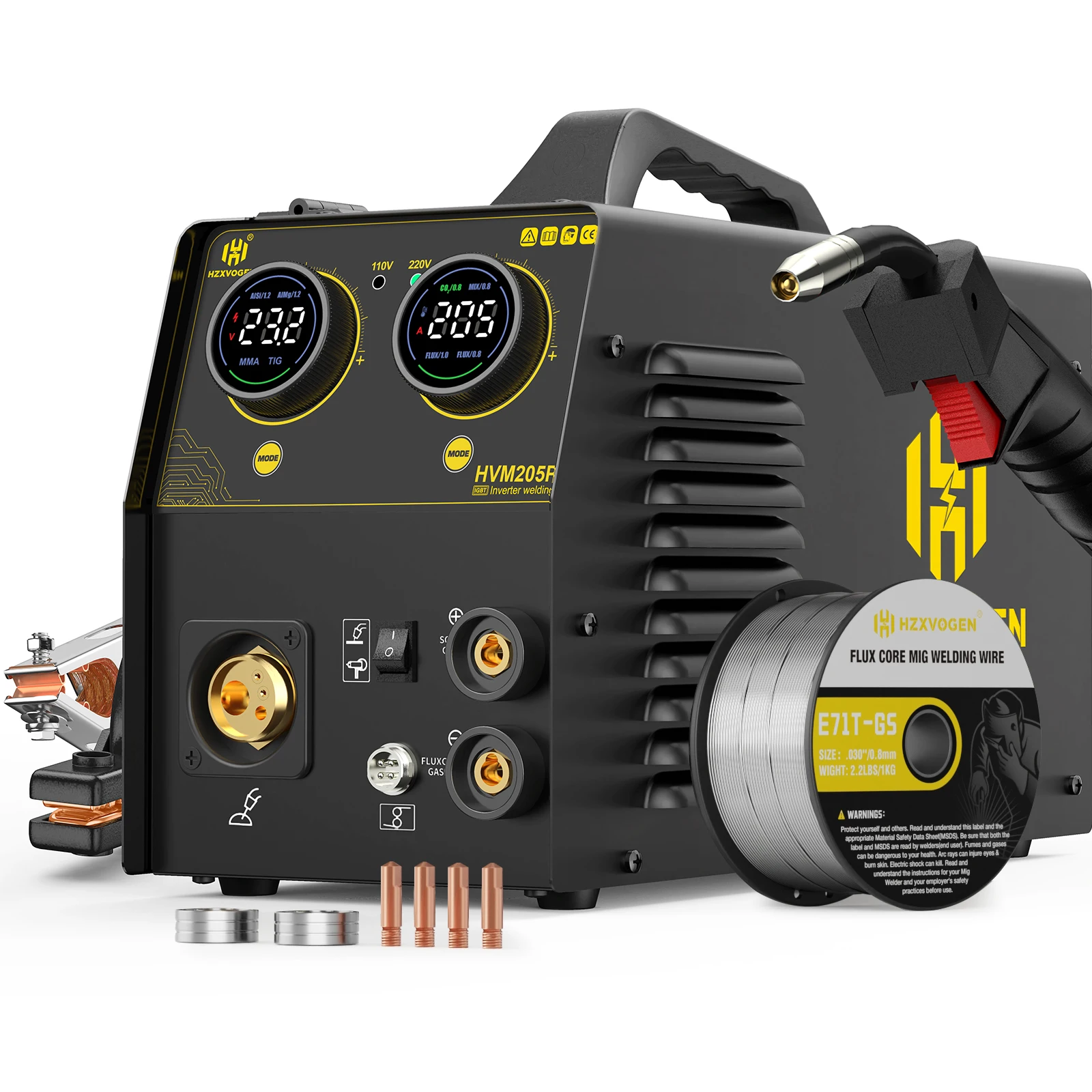 HZXVOGEN HVM205P 5in1 Multiprocess Welder Gas MIG/Flux Core MIG/Stick/Lift TIG/Spool Gun Welding Machine Synergic Control IGBT