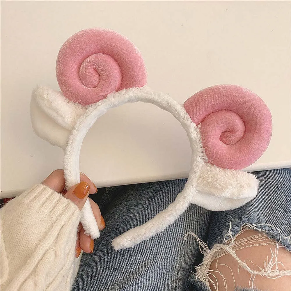 Cute Sheep Horn Lamb Ear Soft Fleece Women Headband Makeup Head Band Hair Band for Wash Face Shower Hair Accessories