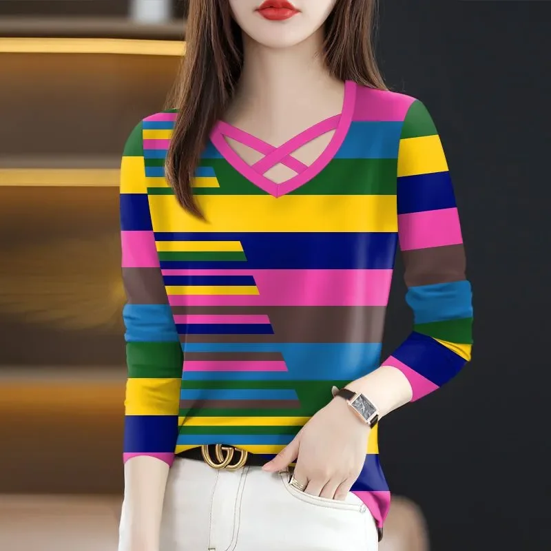 

Colorful Striped V Neck T Shirt With Hollow Detail For Women Casual Wear Spring Autumn Slim Fit Top
