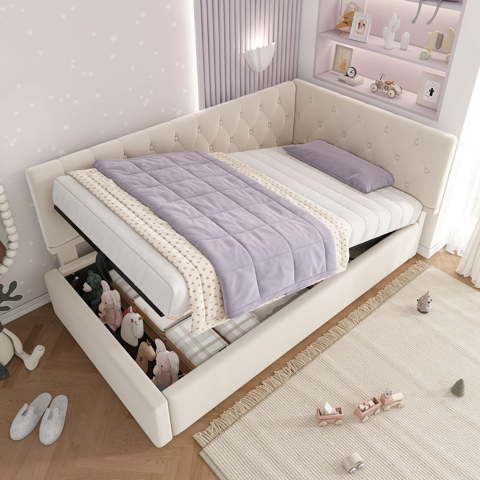Lit banquette simple avec coffre et tête de lit réversible 90 × 190 cm, sans matelas, en velours, beige