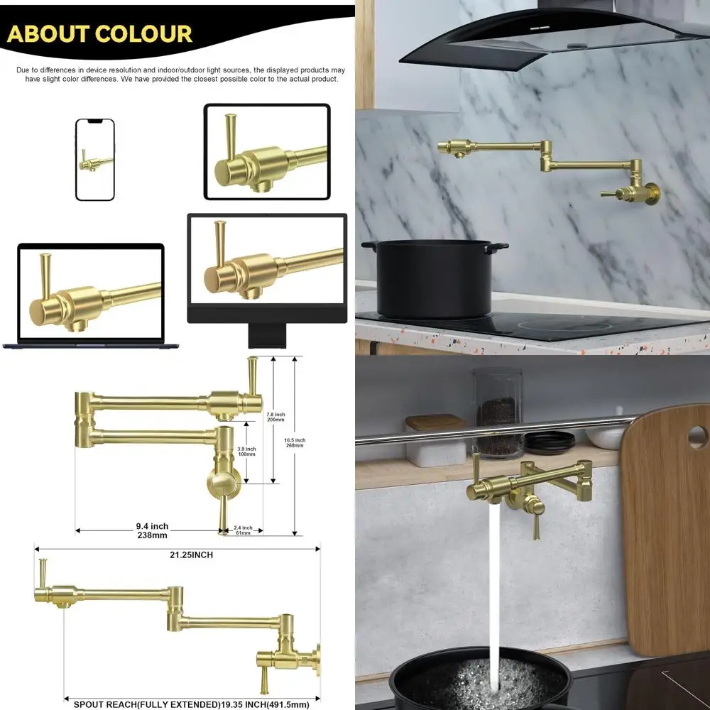 

Double-Joint Swing Arm Wall-Mounted Stainless Steel Commercial Kitchen Faucet with Two Handles and Brushed Gold Finish