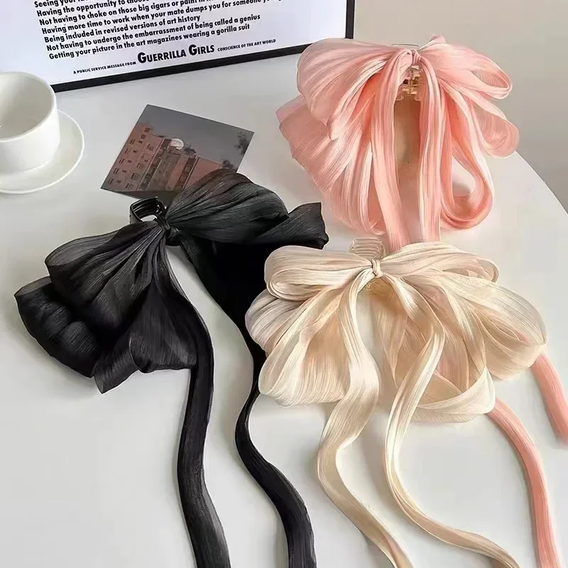 Bow Ribbon Hair Claw Women Bowknot Elegant Barrettes Girls Solid Color Sweet Ponytail Clip Headband Hair Accessories Headwear