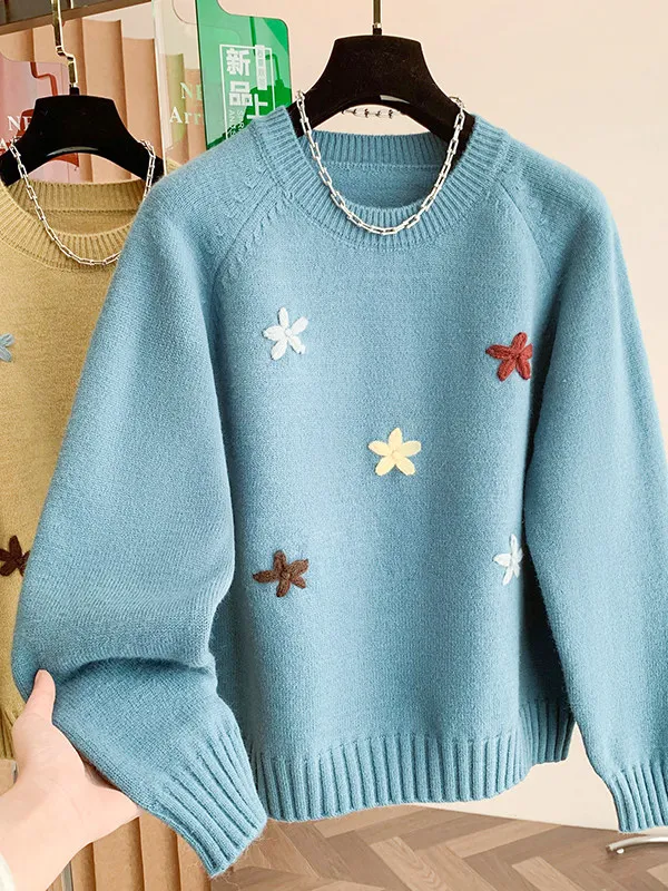 

Вязаный свитер большого размера, женский повседневный свитер, универсальный дизайн, вышивка, высококачественный зимний длинный свитер Све