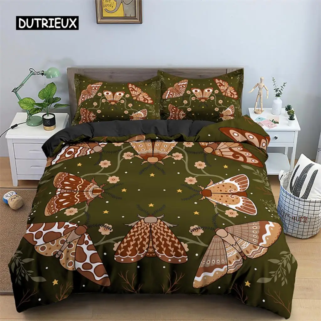 

Butterfly Bedding Set Full King Size Hippie Boho Moth Duvet Cover Microfiber Animal Botanical Psychedelic Starry Sky Quilt Cover