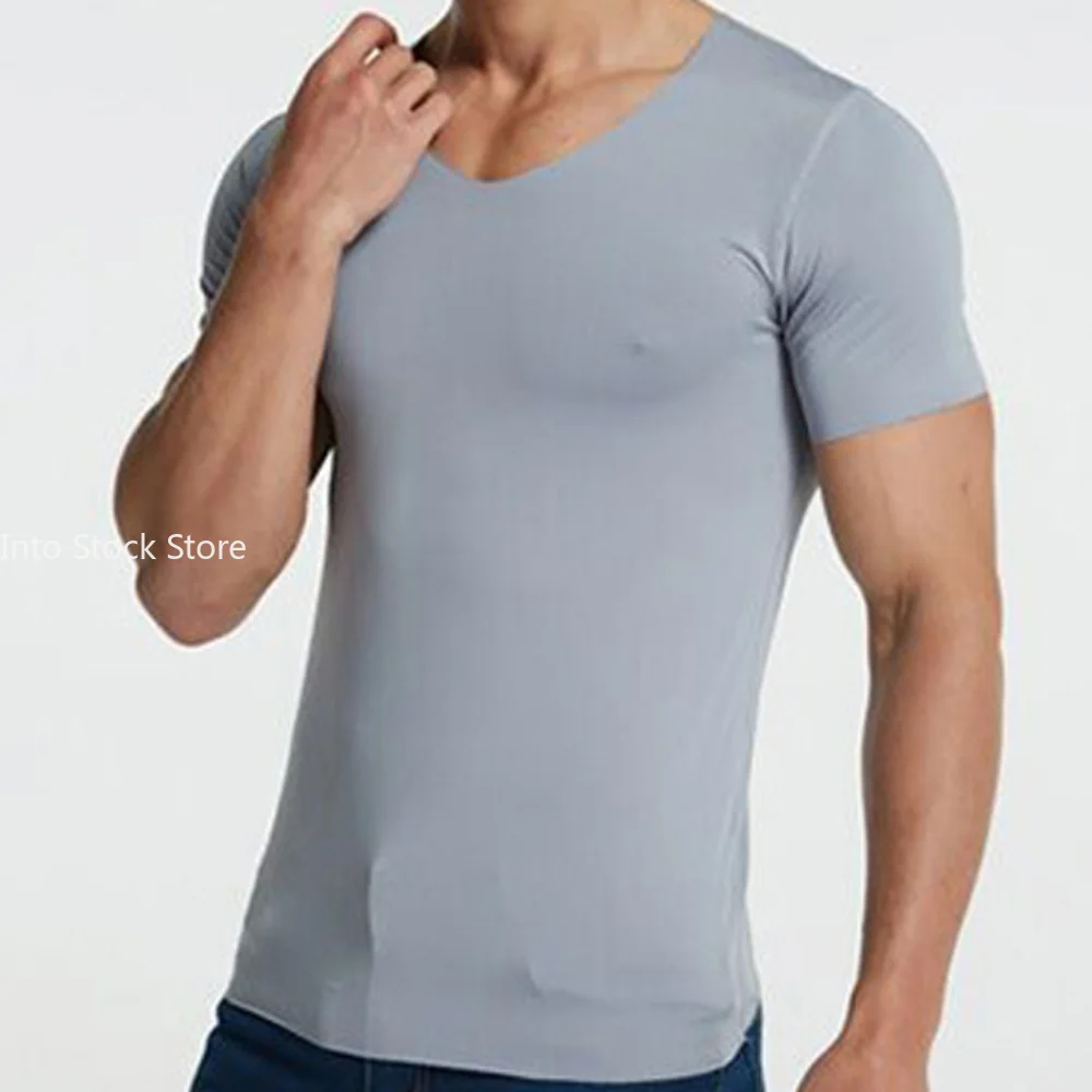 Men\'s Summer T-Shirt Short Sleeve Cool Quick Dry Breathable Ice Silk Seamless Tops Casual Solid Color Elastic Tee Shirts M-5XL