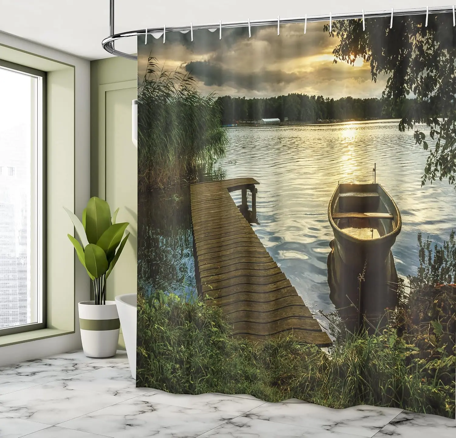 Wooden Bridge Print Shower Curtain Boat at Lake Shore Wooden Pier Sunset Sunbeams and Romantic Evening View, Polyester Fabric