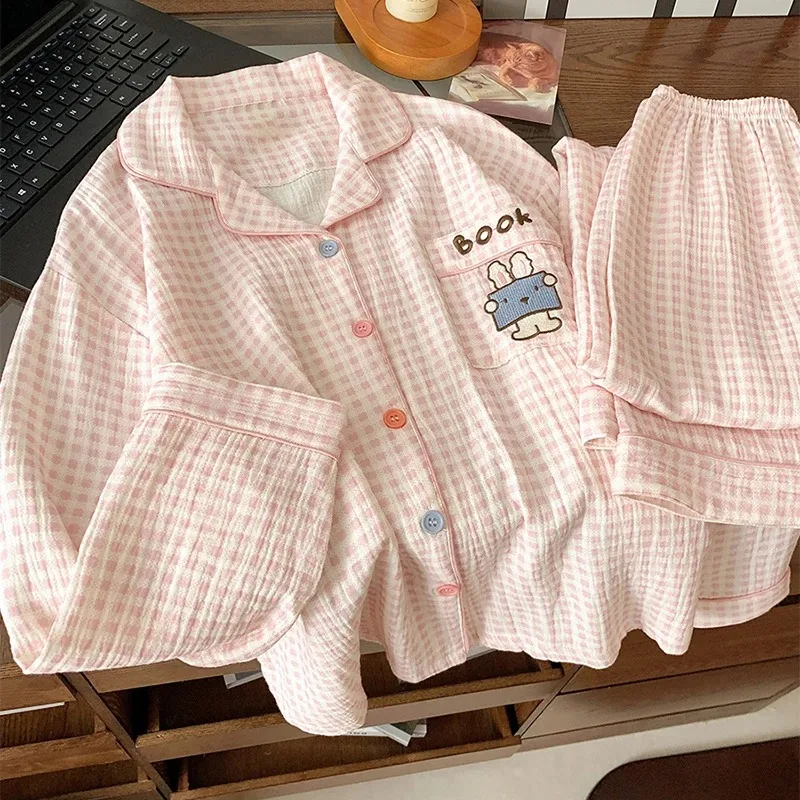 DAIMELU Japanese ins pure cotton gauze pajamas women's summer new short-sleeved shorts sweet pink rabbit loungewear set