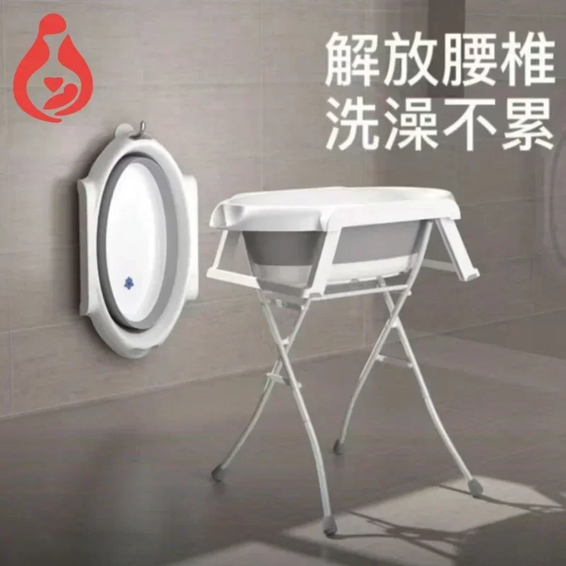 Foldable Baby Bath Tub with Stand No Bend Over Infant Bathing Collapsible Plastic Bathtub Iron Frame Supports Up to 20kg