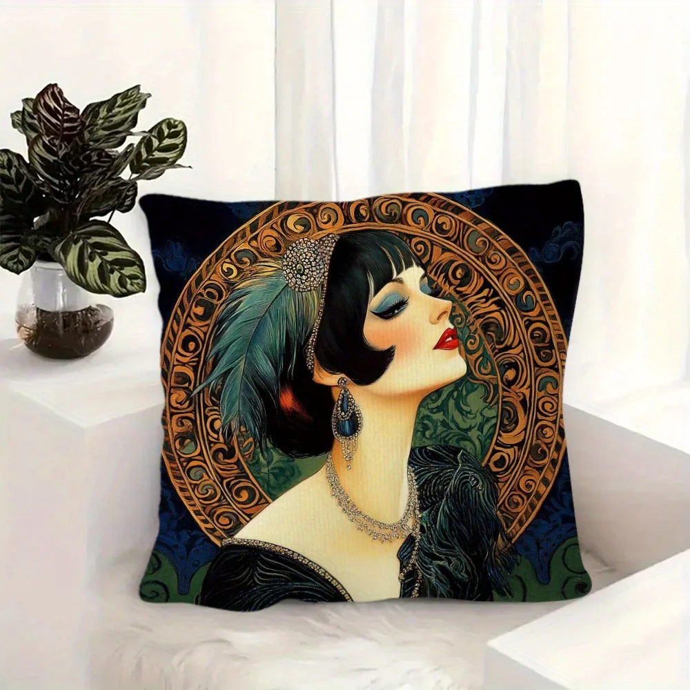 Vintage Flapper Girl Pillow Case, Art Deco Style Cushion Cover, Retro 1920s Fashion Lady Home Decor for Sofa Bedroom Living Room
