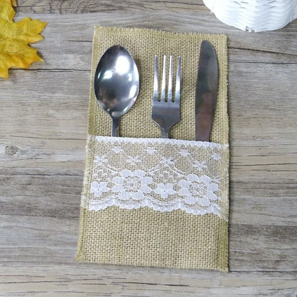 Tableware Cover Rustic Style Linen Lace Cutlery Bag Lace Burlap Fork Bag Decorative Silverware Holder Bags Bridal Shower