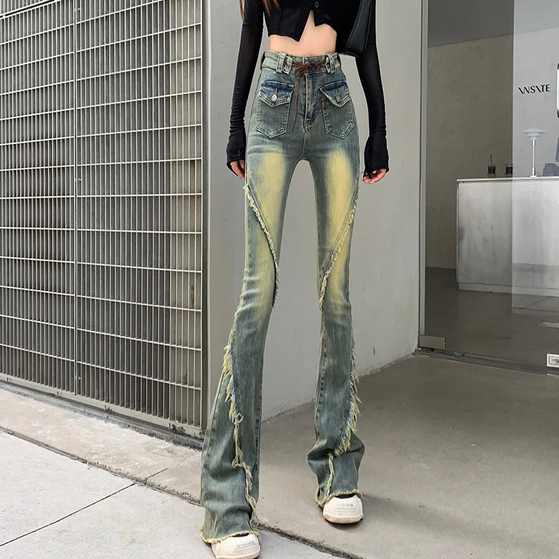 

Vintage Blue High Waist Women Slim Jeans American Fashion Streetwear Wide Leg Jean Female Trouser Straight Baggy Denim Pants