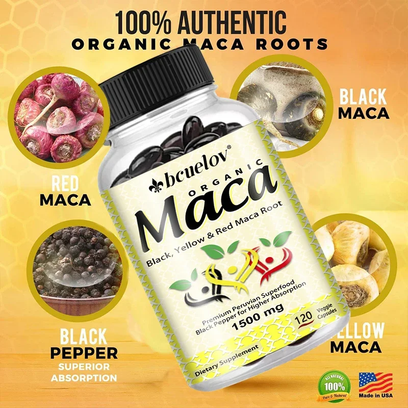 Organic Maca Root 120 Capsules - Black, Yellow and Red Maca Root Gelatinized 100% Natural Non-GMO Helps Endurance, Energy, Mood