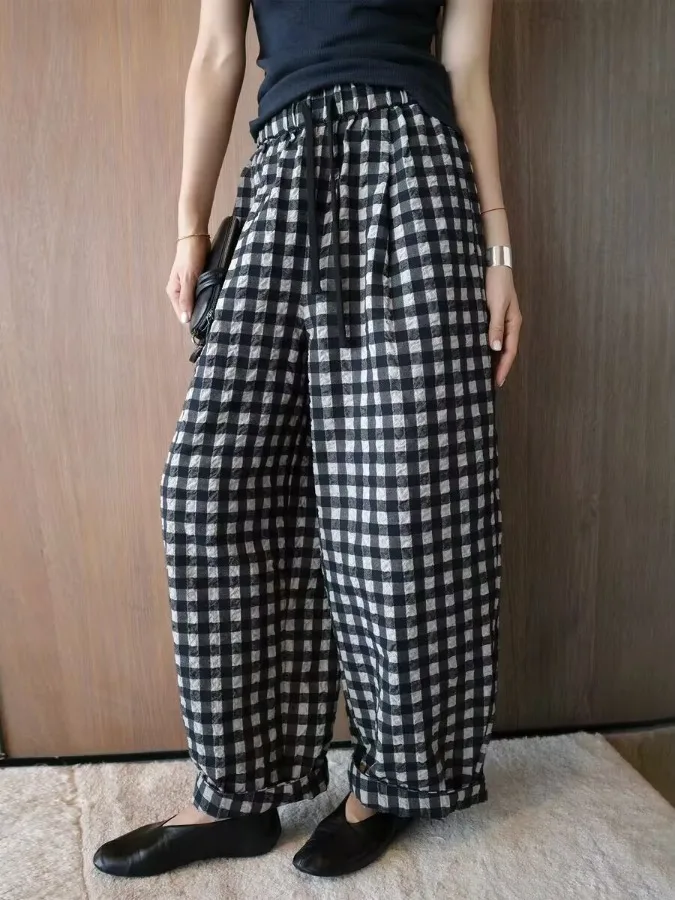 

Свободные женские повседневные брюки в корейском стиле, весенне-летние, в клетку, с широкими штанинами, на шнурке, с эластичным поясом, ретро, длинные