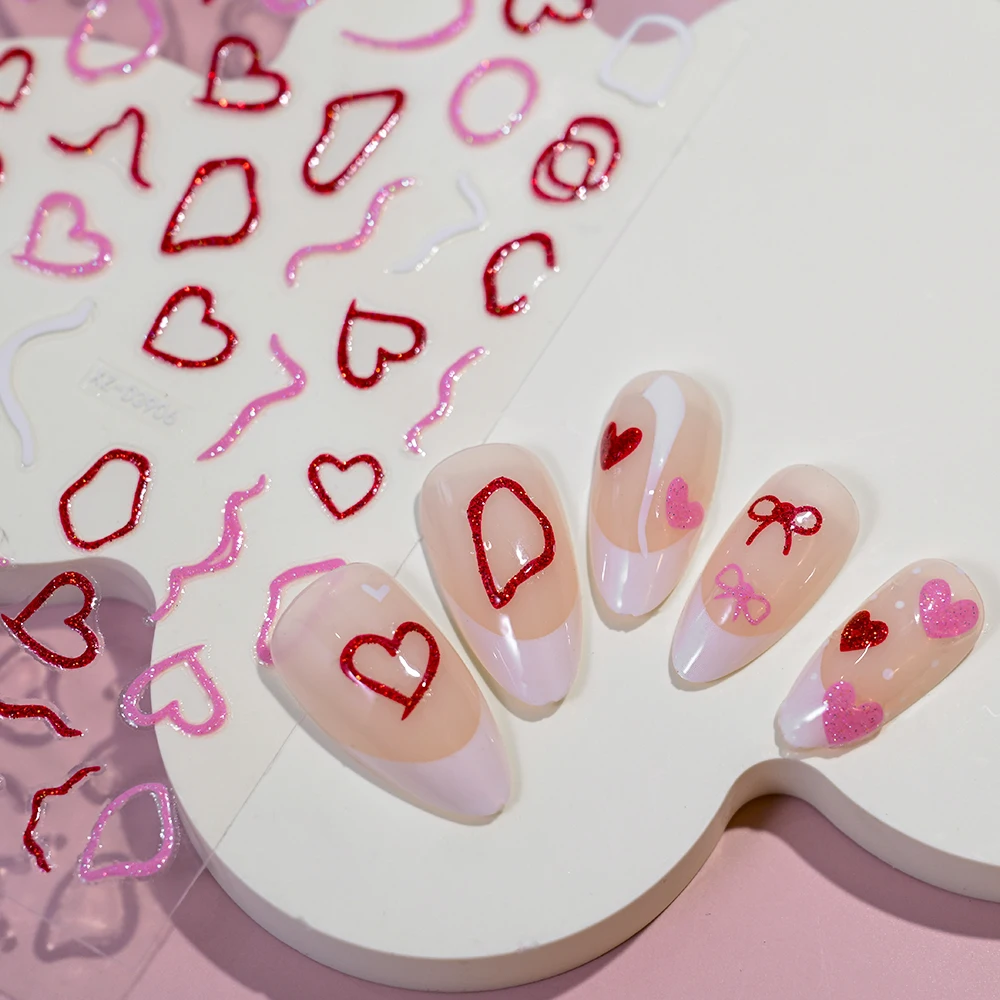 1 pz Lucido Rosso/Rosa Cuore Adesivi Per Unghie Polka Dot/Arco/stella/curva San Valentino Decalcomanie Per Unghie Cursori Donne Accessori Per Manicure