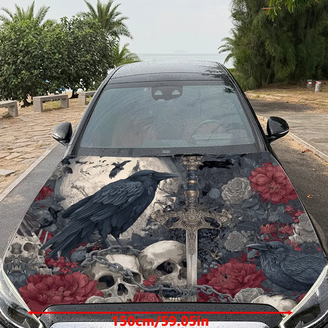 Moonlit Raven and Skull Sword Car Vinyl Wrap, PVC Material Waterproof Car Hood Sticker, Self-Adhesive Scratch-Resistant Stickers