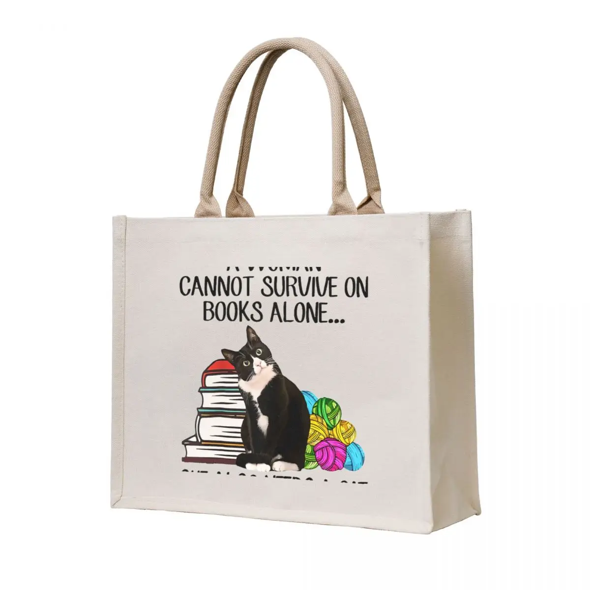 

Black Cat A Woman Cannot Survive On Books Alone She Also Needs A Cat Tote Bag shopper bag women eco pack tote bag university