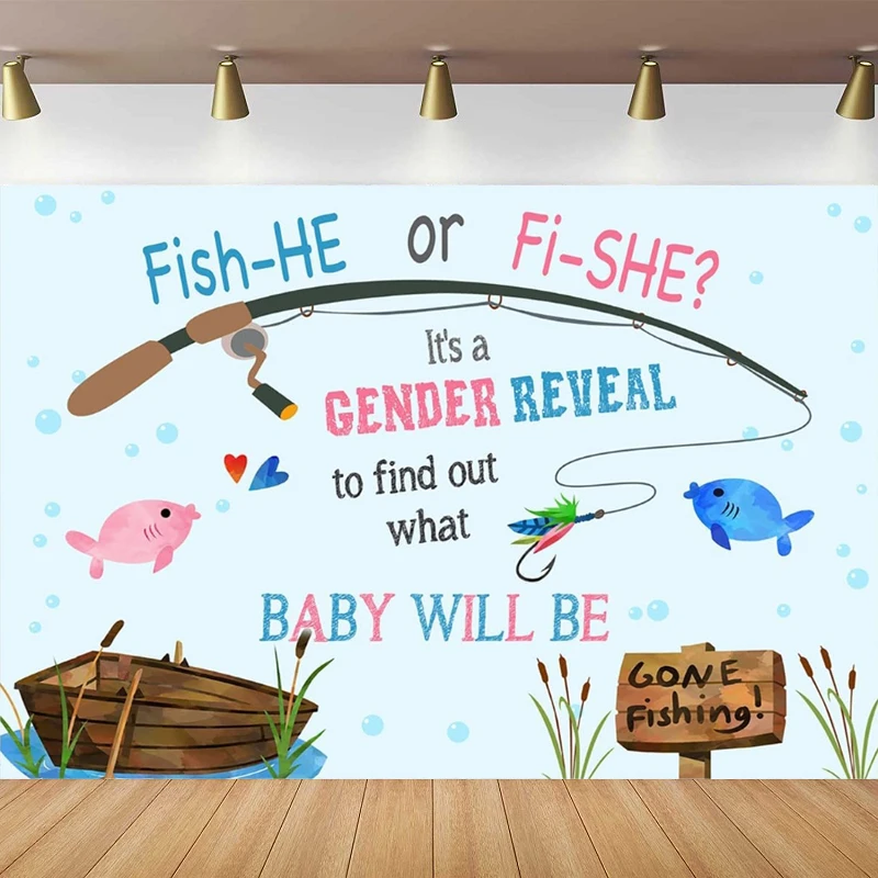 Gone Fishing Gender Reveal Poster Photo Photography Backdrop Fish She Or Fish He For Baby Sign Baby Shower Decoration Background