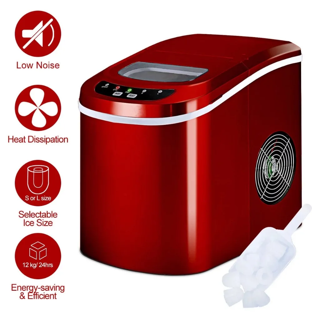 Máquina de hacer cubitos de hielo eléctrica compacta y portátil, Mini Cubo de 26LB por día, máquina para hacer cubitos de hielo, cocina de guijarros, bar, Rojo