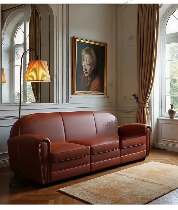 Q  rural retro leather sofa small apartment living room straight row high-end three-person sofa