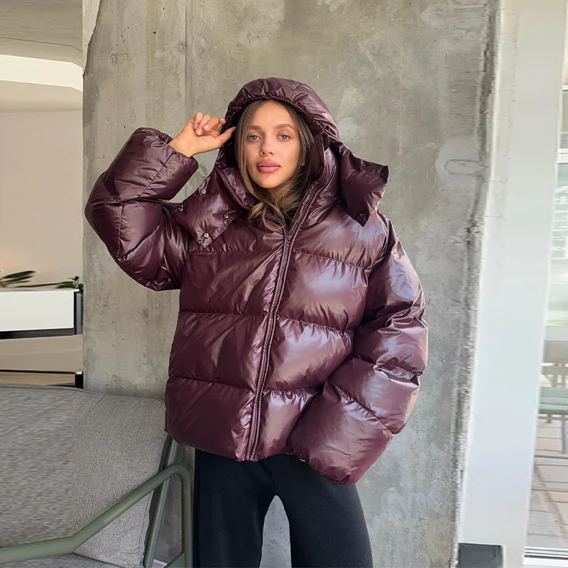 Chic Reflective Fabric Lace Up Hooded Cotton Jacket Women Stand Collar Full Sleeve Zipper Warm Overcoat 2026 Winter Lady Outwear