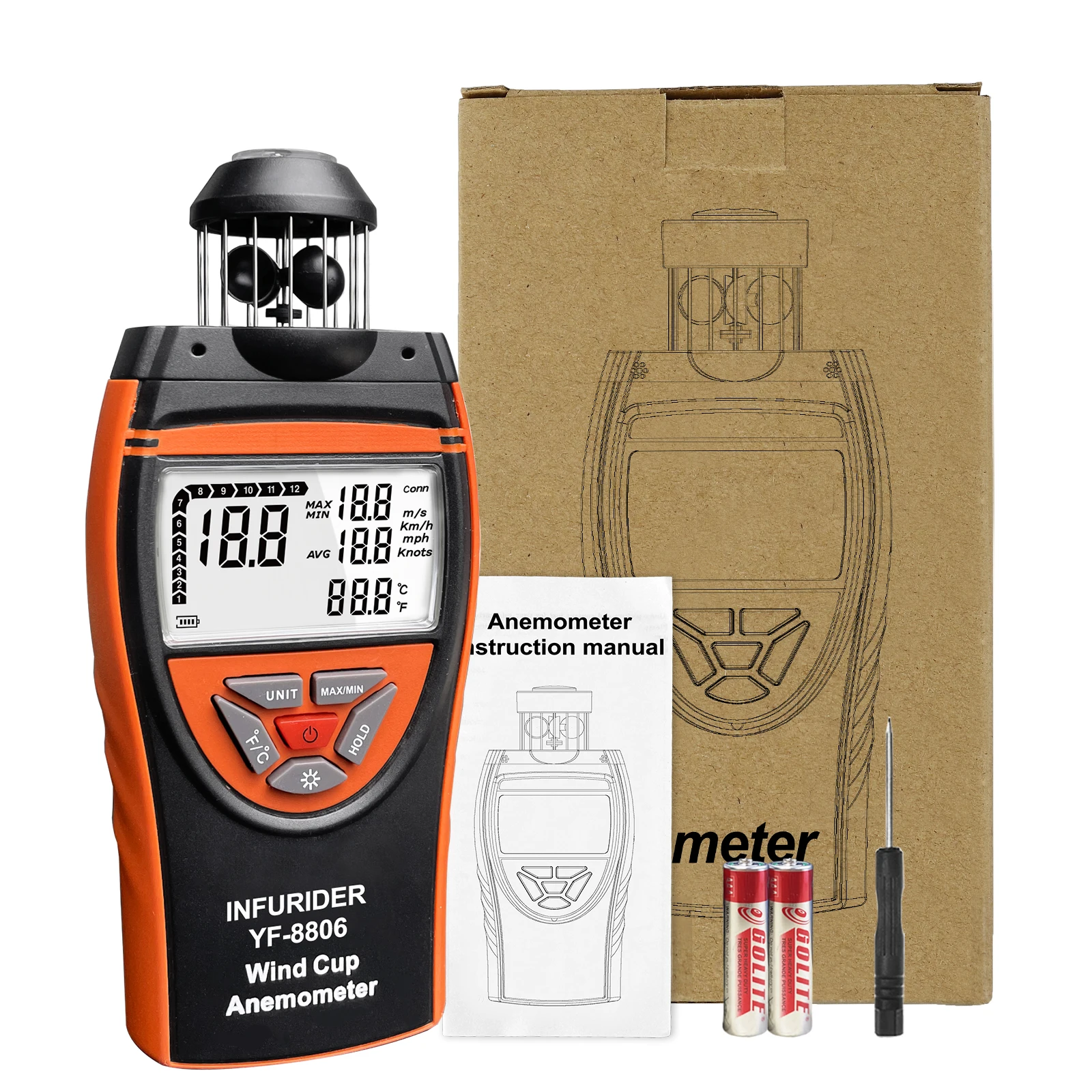 Anemómetro Medidor de Velocidad del Viento 4 Unidades (m/s, km/h, mph, kts) con Temperatura (Máx., Mín., Avg.) y Retroiluminación para HVAC, Drones y Vela