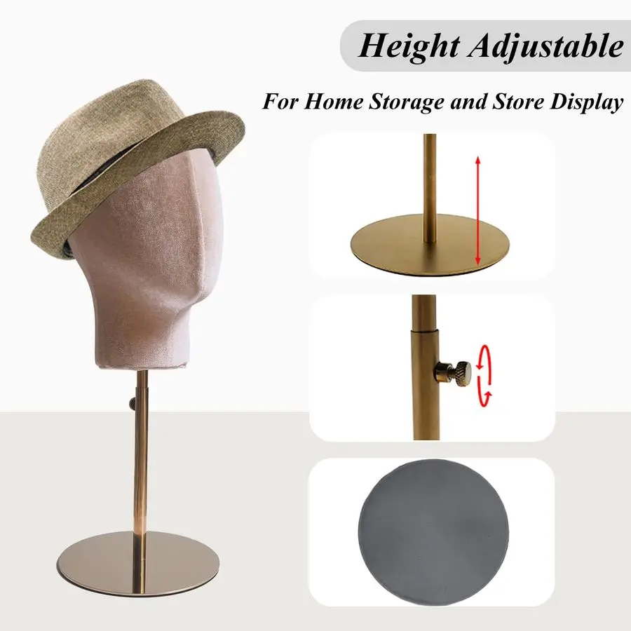 Mannequin Head Stand for Hat and Wig Display, Pinnable Wig Stand, Velvet Manikin Head Block with Retractable Metal Base, 21 Inch