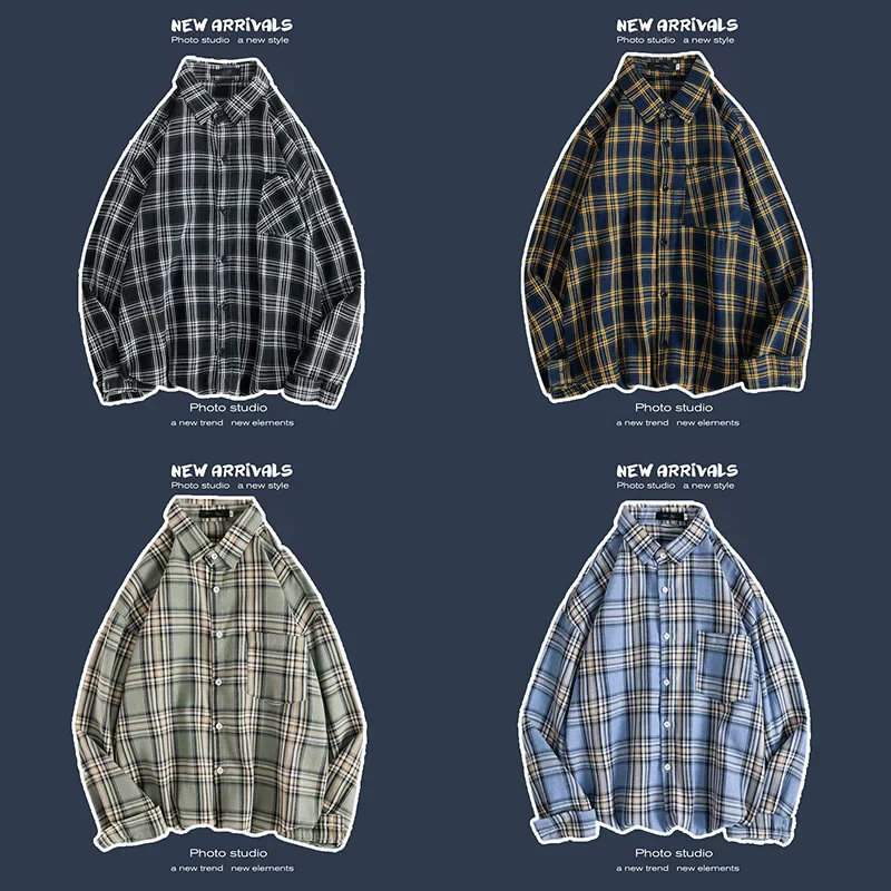 Spring Autumn Men's Korean Trendy Casual Loose-fit Long Sleeve Shirt Hong Kong Style Versatile Couple Vintage Plaid Jacket