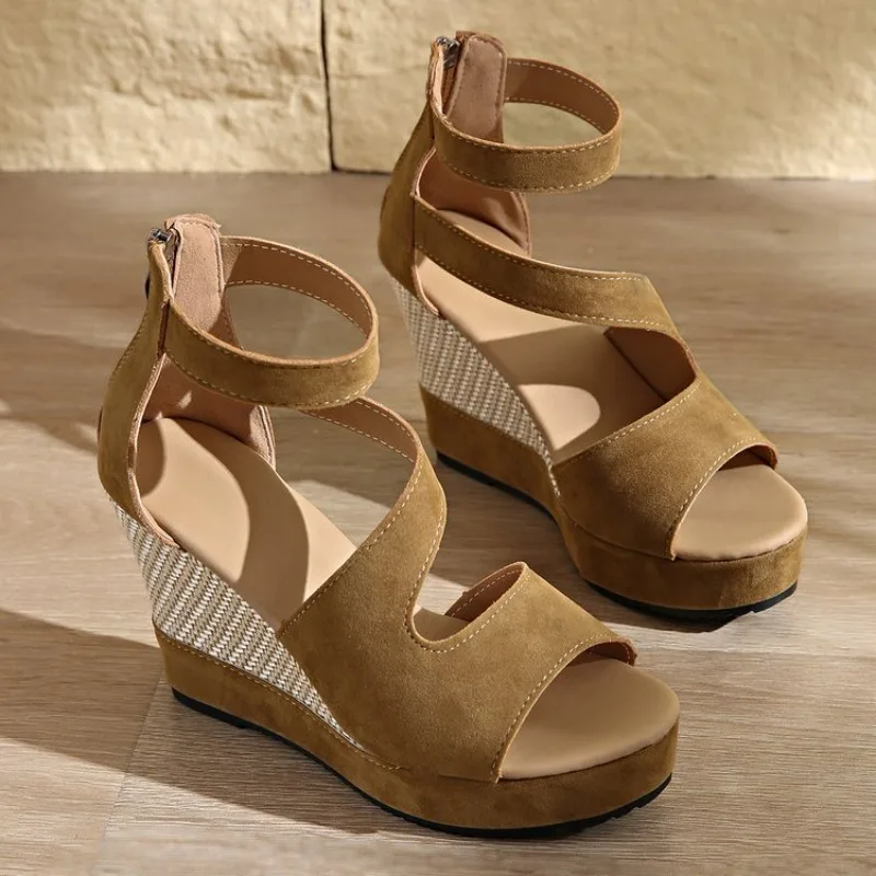 Woman Wedge Shoes Platform Sandals Summer Solid Color Open Toe Sandals Outdoor Large Size Casual Shoes Retro Comfortable Sandals